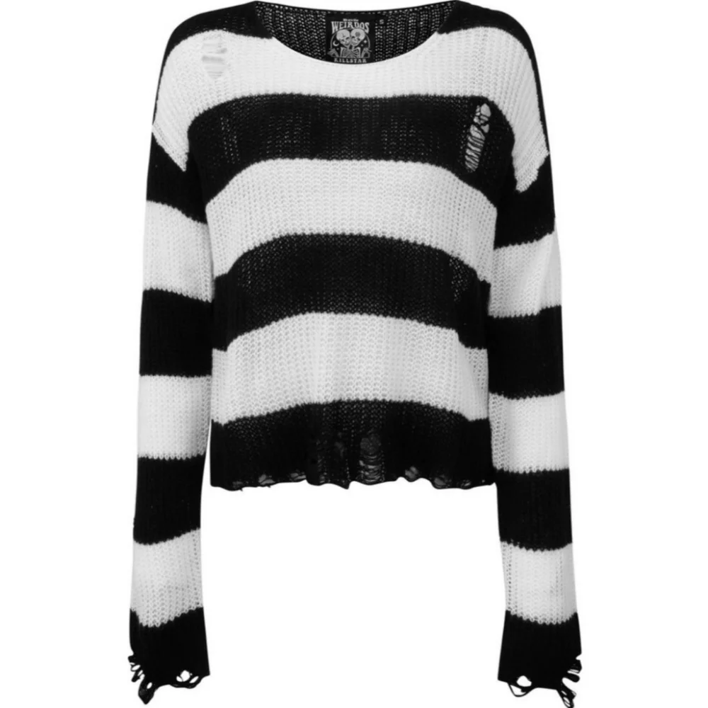 🆕️🆑️ Killstar Casey Knit Sweater | Black / White Stripes Unisex Distressed - Picture 2 of 7